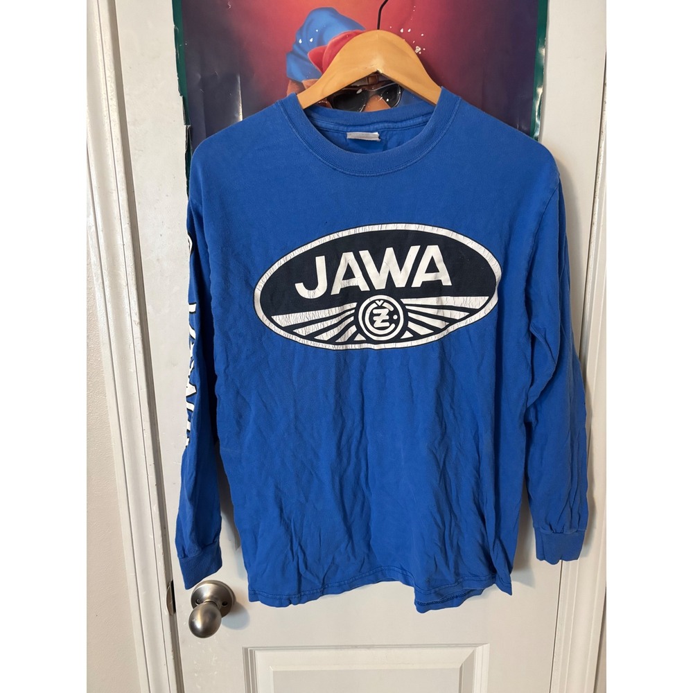 Metro Racing Jawa CZ Motorcycle Long Sleeve T-Shirt Blue Hanes y2k Mens M